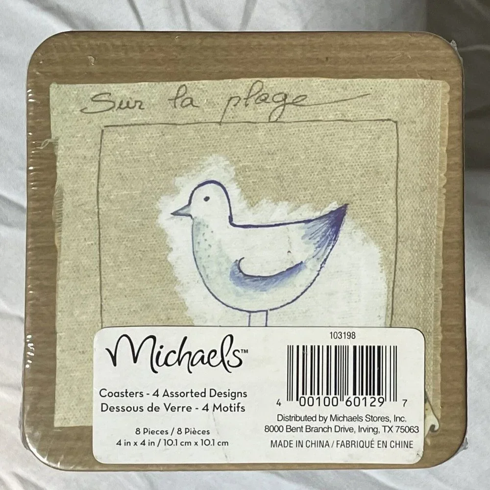 Set of 8 Drink Coasters On The Beach Sur La Plage 4 Designs Palm Tree Birds